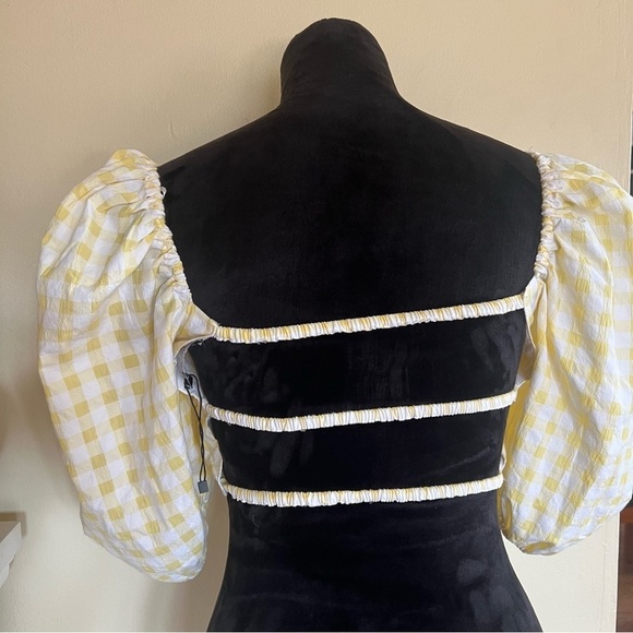 Zara Gingham Plaid Beaded Crop Top Open Back Puff Sleeves Yellow XL - Picture 7 of 8